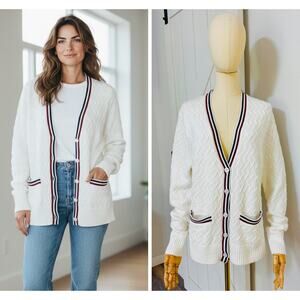 Brooks Brothers Women Size L Cable Knit Tennis Cardigan Sweater Preppy Cotton